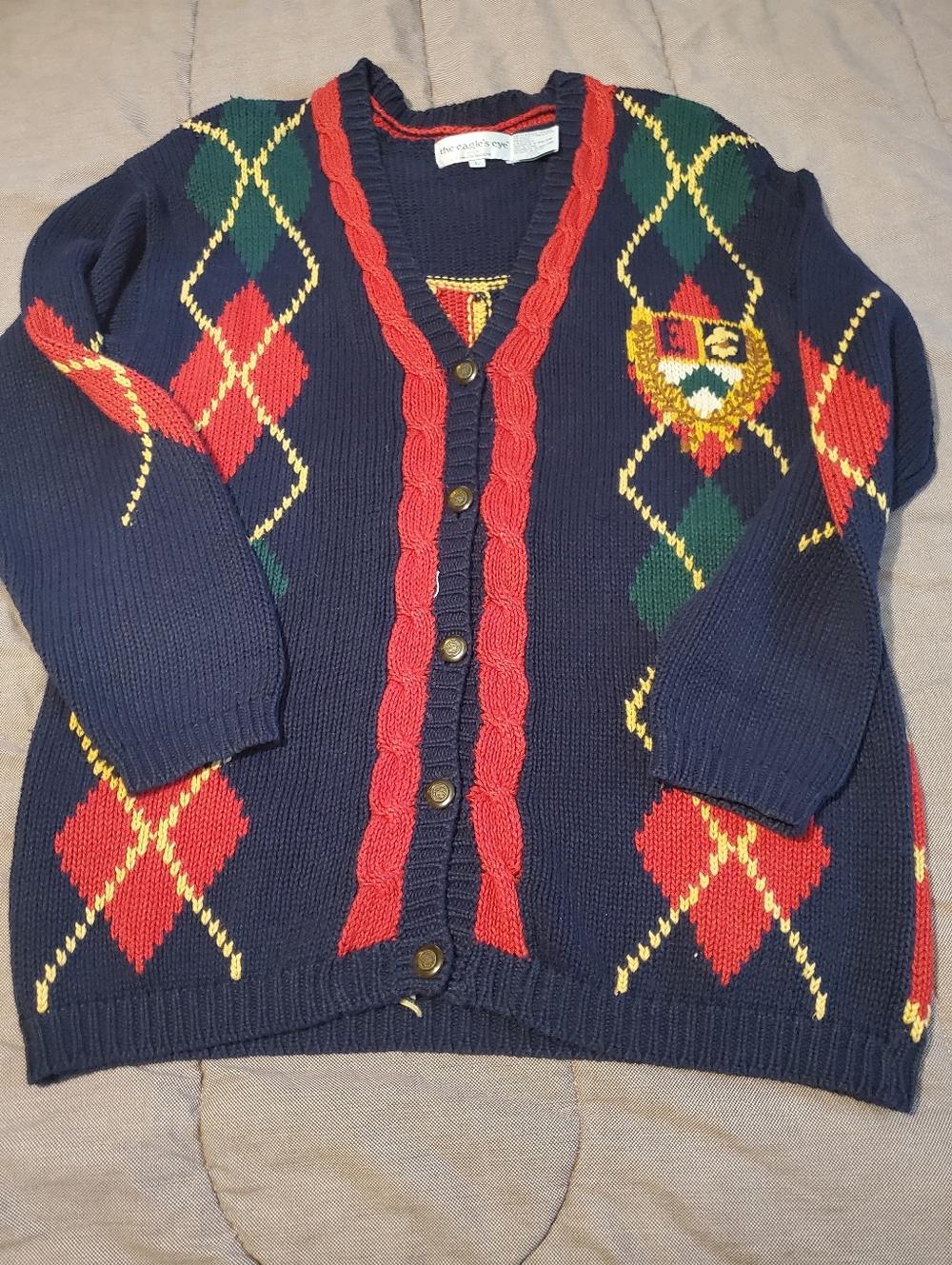 Vintage 90s Cardigan Eagles Eye Novelty Print Americana Argyle Regal Crest Sz L